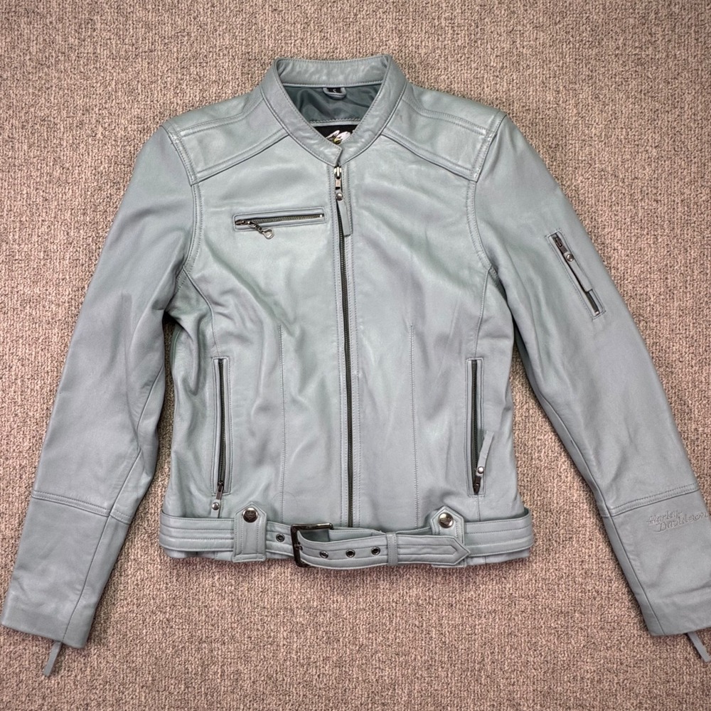 Vintage 2007 Harley-Davidson Women's Light Blue Leather Moto Jacket Belted S EUC